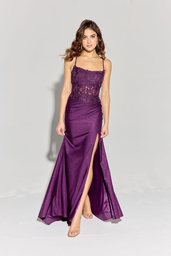 Applique Fitted Sleeveless Slit Gown by Eureka EK129