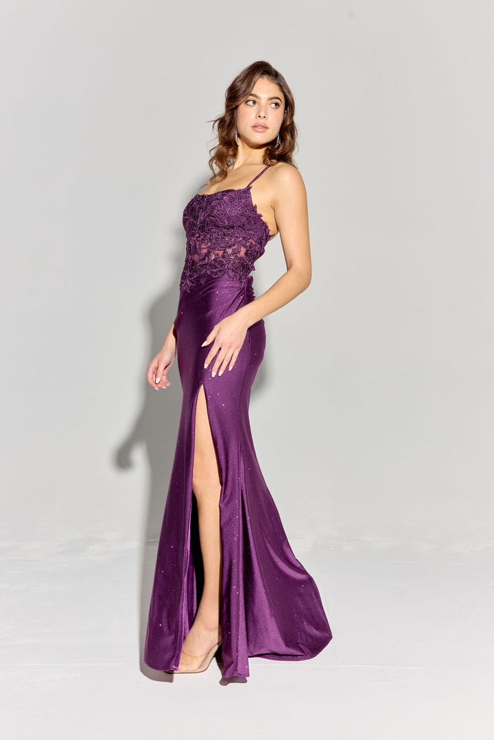 Applique Fitted Sleeveless Slit Gown by Eureka EK129