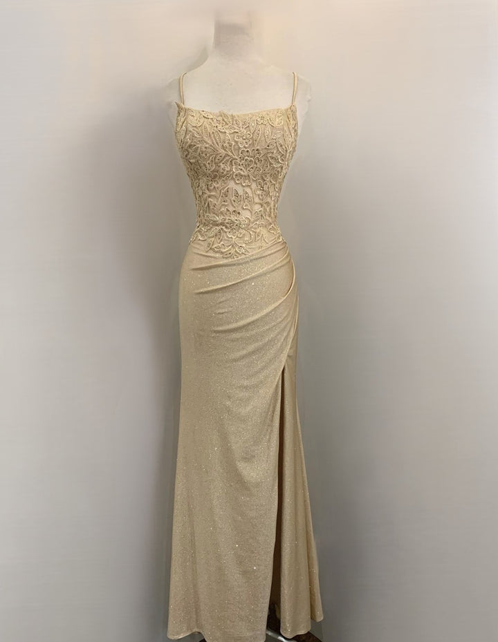 Applique Fitted Sleeveless Slit Gown by Eureka EK129