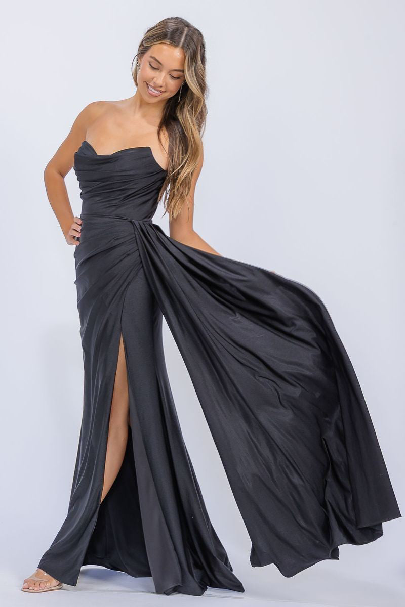 Jersey Fitted Strapless Slit Gown by Eureka EK178
