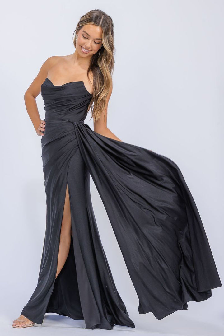 Jersey Fitted Strapless Slit Gown by Eureka EK178