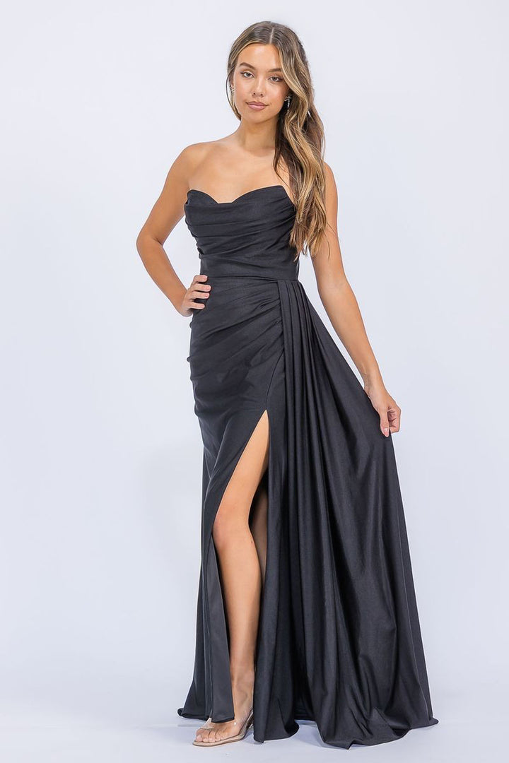 Jersey Fitted Strapless Slit Gown by Eureka EK178