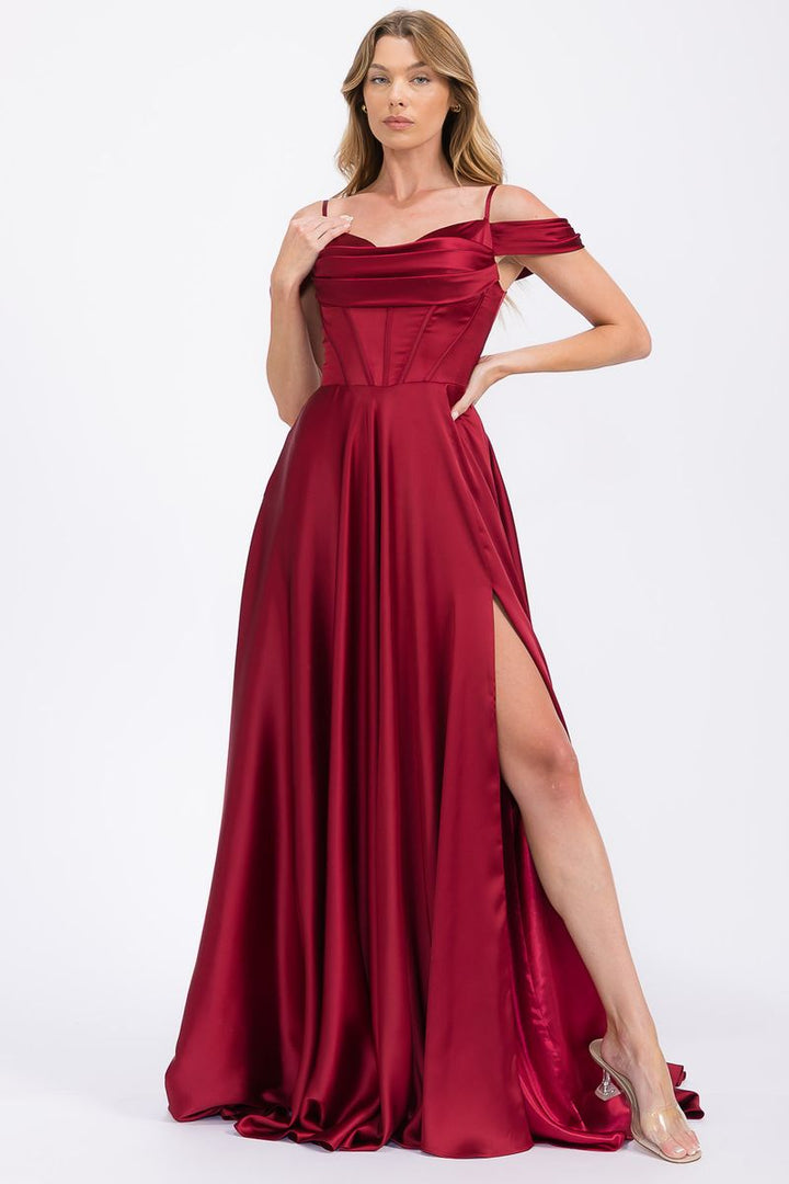 Satin Cold Shoulder Slit Gown by Eureka EK176