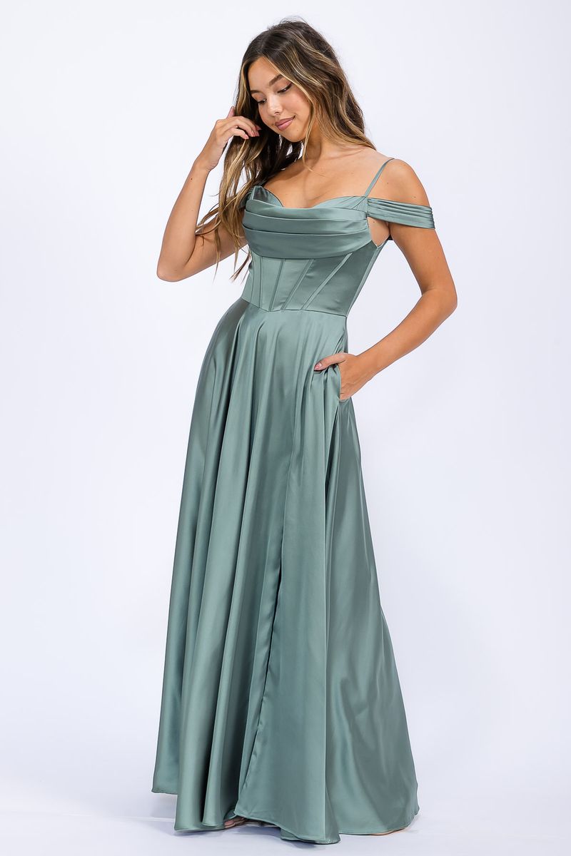 Satin Cold Shoulder Slit Gown by Eureka EK176