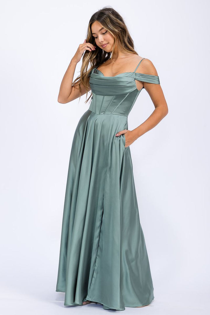 Satin Cold Shoulder Slit Gown by Eureka EK176