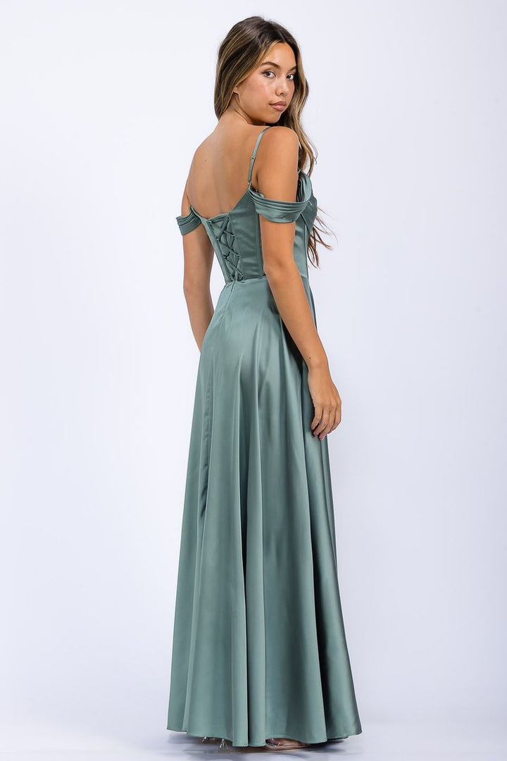 Satin Cold Shoulder Slit Gown by Eureka EK176