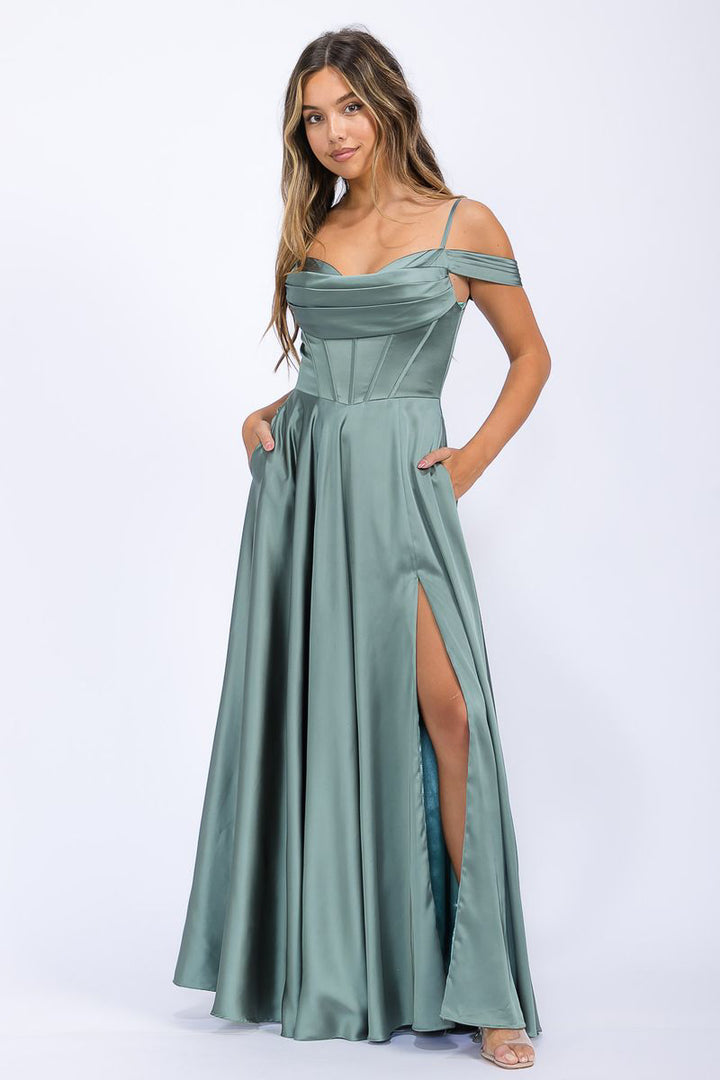 Satin Cold Shoulder Slit Gown by Eureka EK176