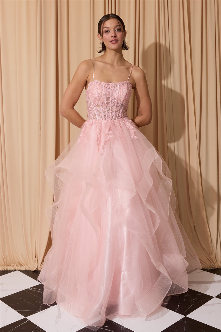 Applique Sleeveless Ruffled Gown by Eureka EK167