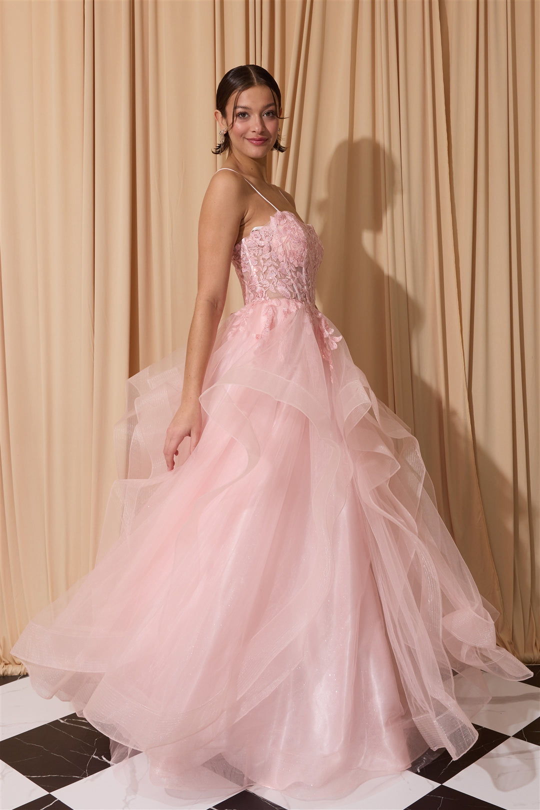 Applique Sleeveless Ruffled Gown by Eureka EK167