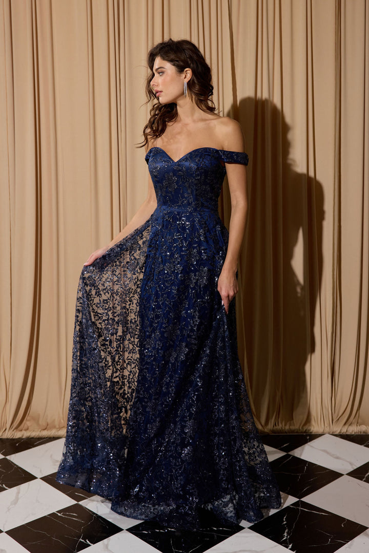 Glitter Print Off Shoulder Gown by Eureka 9766