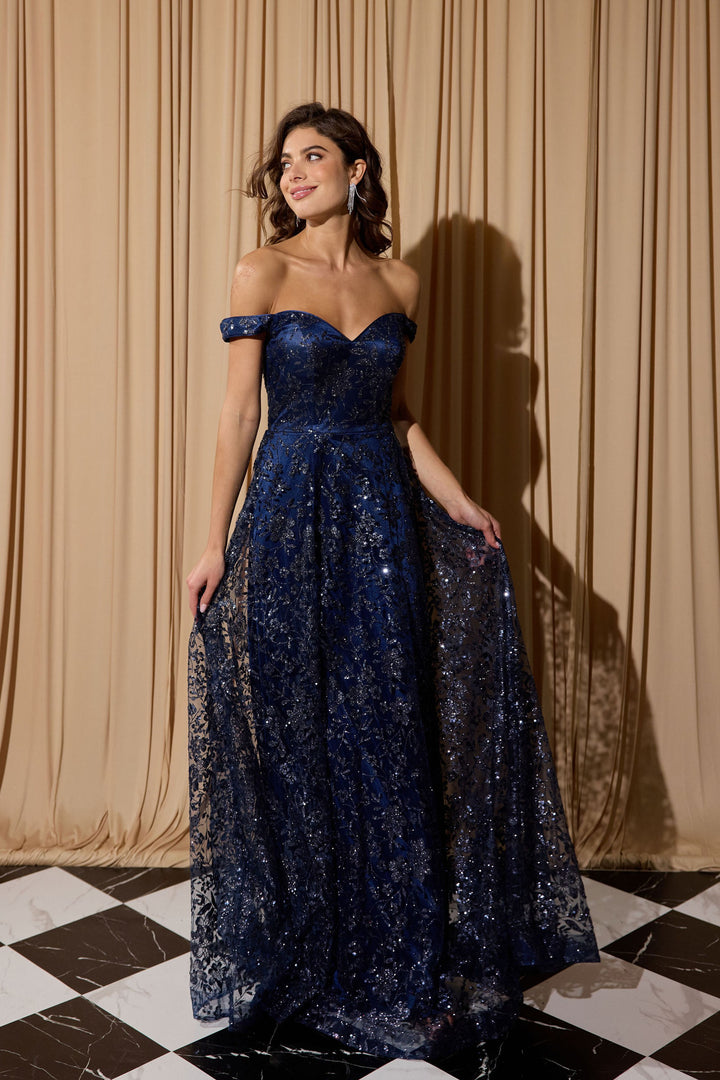 Glitter Print Off Shoulder Gown by Eureka 9766