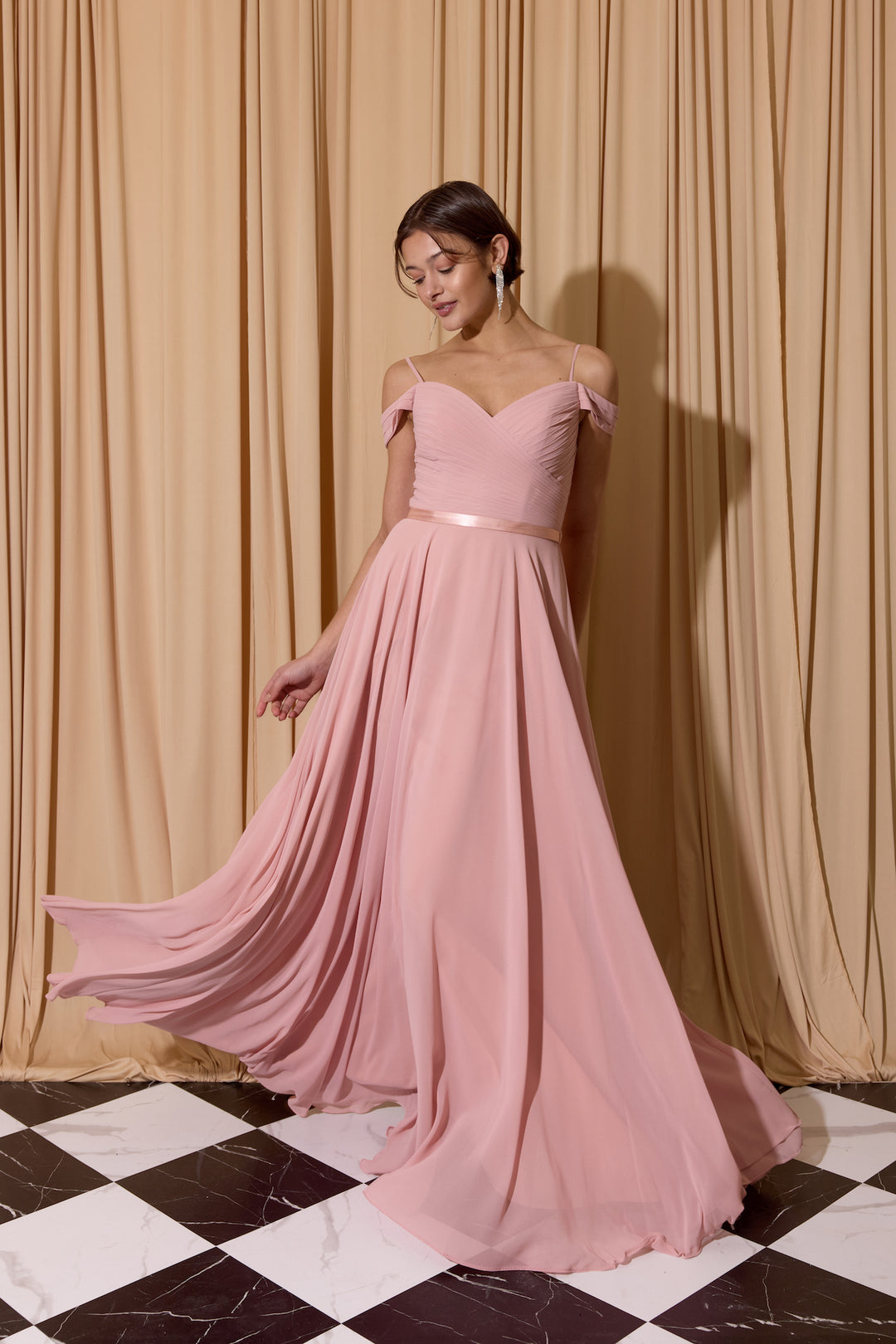a line pleated chiffon floor length dress A-Line Pleated Long Chiffon Bridesmaid Dress in Champagne, Champagne / 0