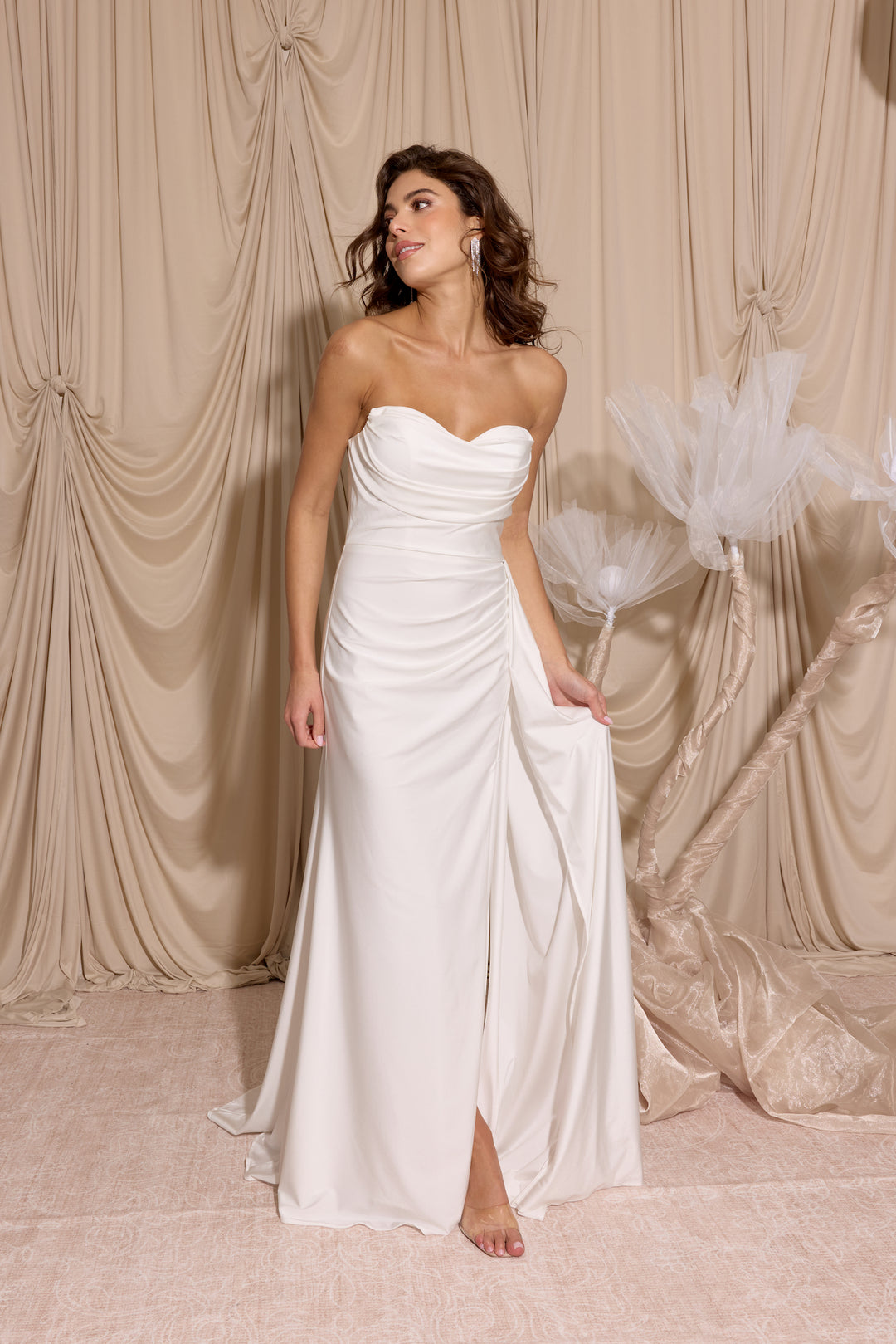 Jersey Fitted Strapless Slit Gown by Eureka EK178