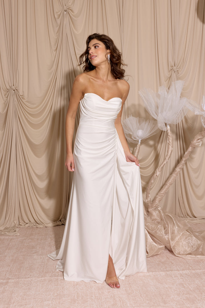 Jersey Fitted Strapless Slit Gown by Eureka EK178