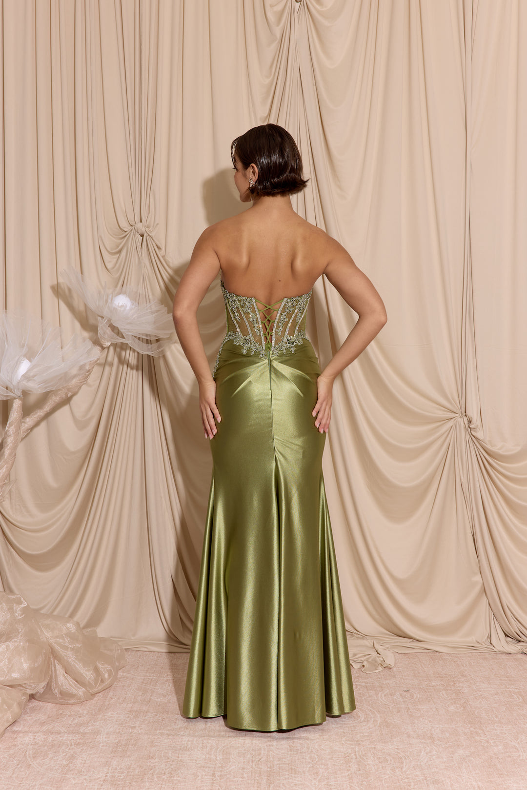 Applique Satin Strapless Slit Gown by Eureka EK202