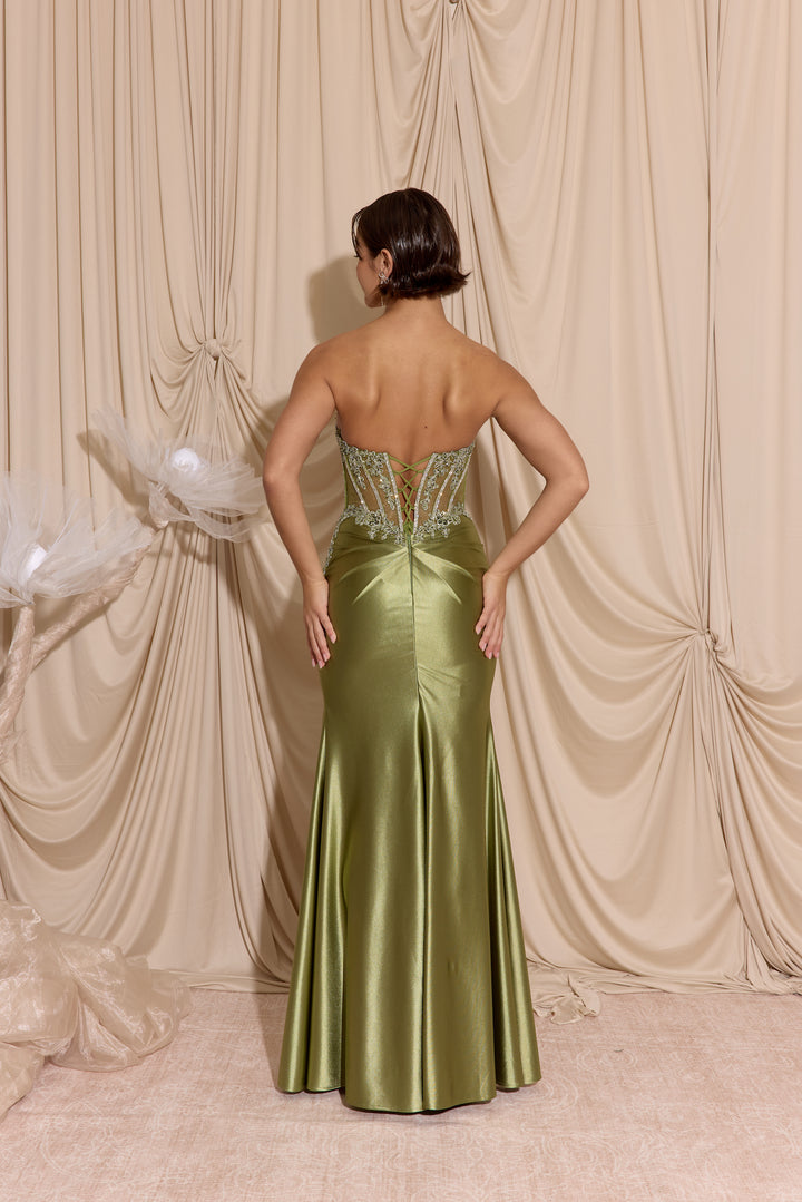Applique Satin Strapless Slit Gown by Eureka EK202