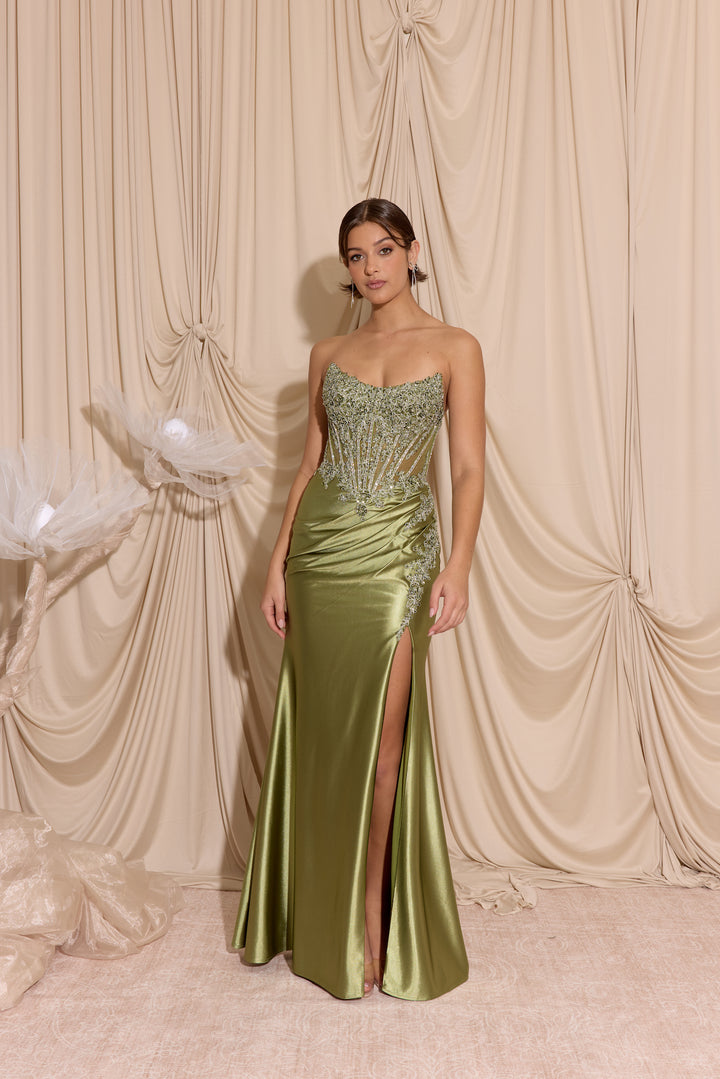 Applique Satin Strapless Slit Gown by Eureka EK202