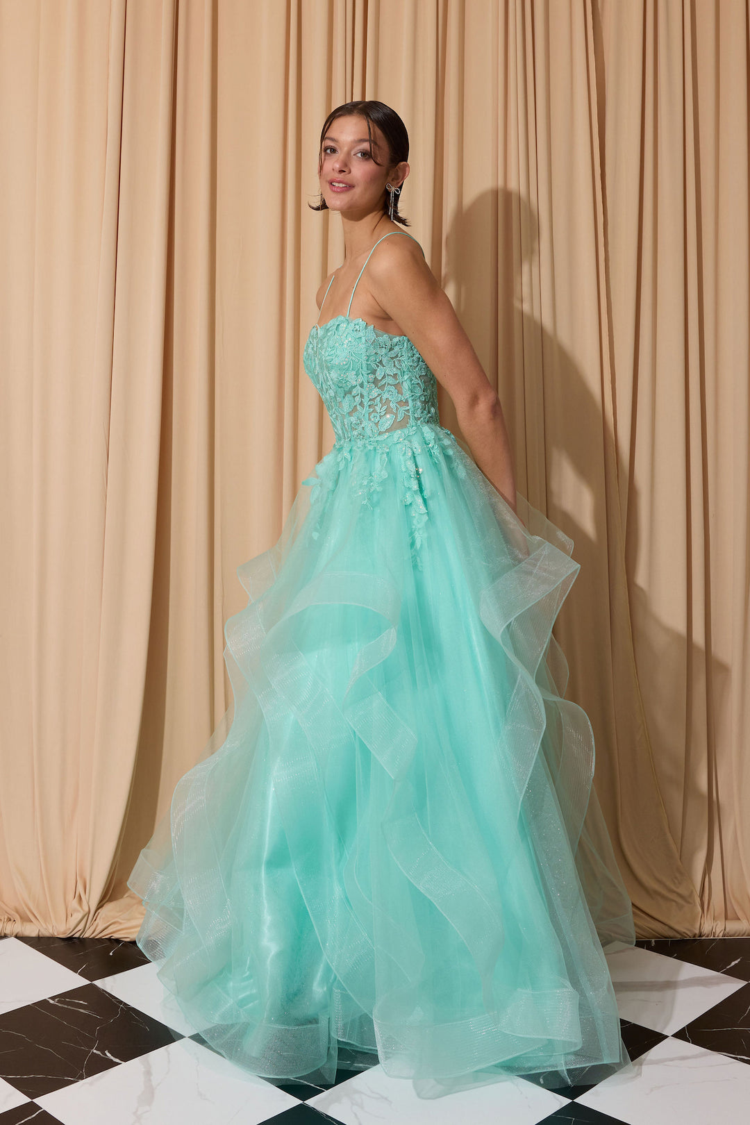 Applique Sleeveless Ruffled Gown by Eureka EK167