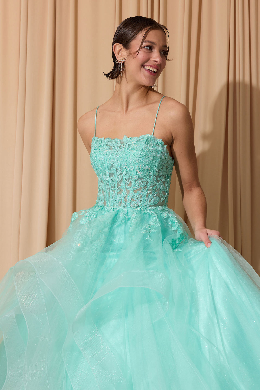 Applique Sleeveless Ruffled Gown by Eureka EK167