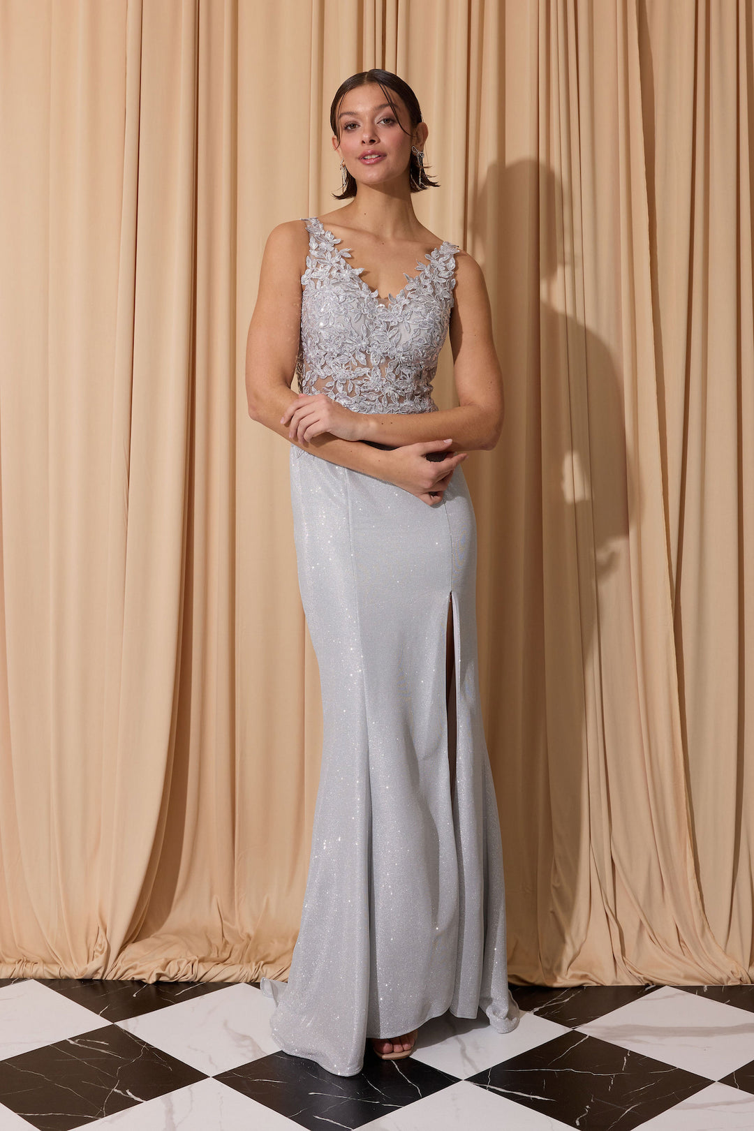 Applique Metallic V-Neck Slit Gown by Eureka 9810