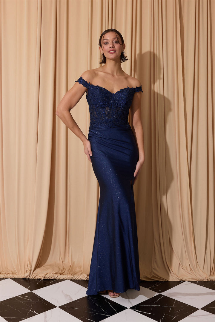 Applique Off Shoulder Slit Gown by Eureka EK173