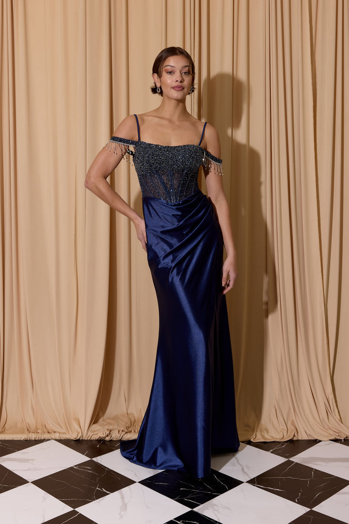 Beaded Satin Off Shoulder Slit Gown by Eureka EK179