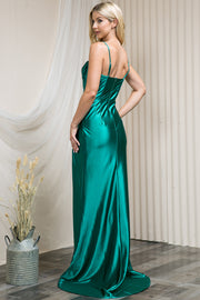 Satin Fitted Cowl Corset Slit Gown by Amelia Couture 20115