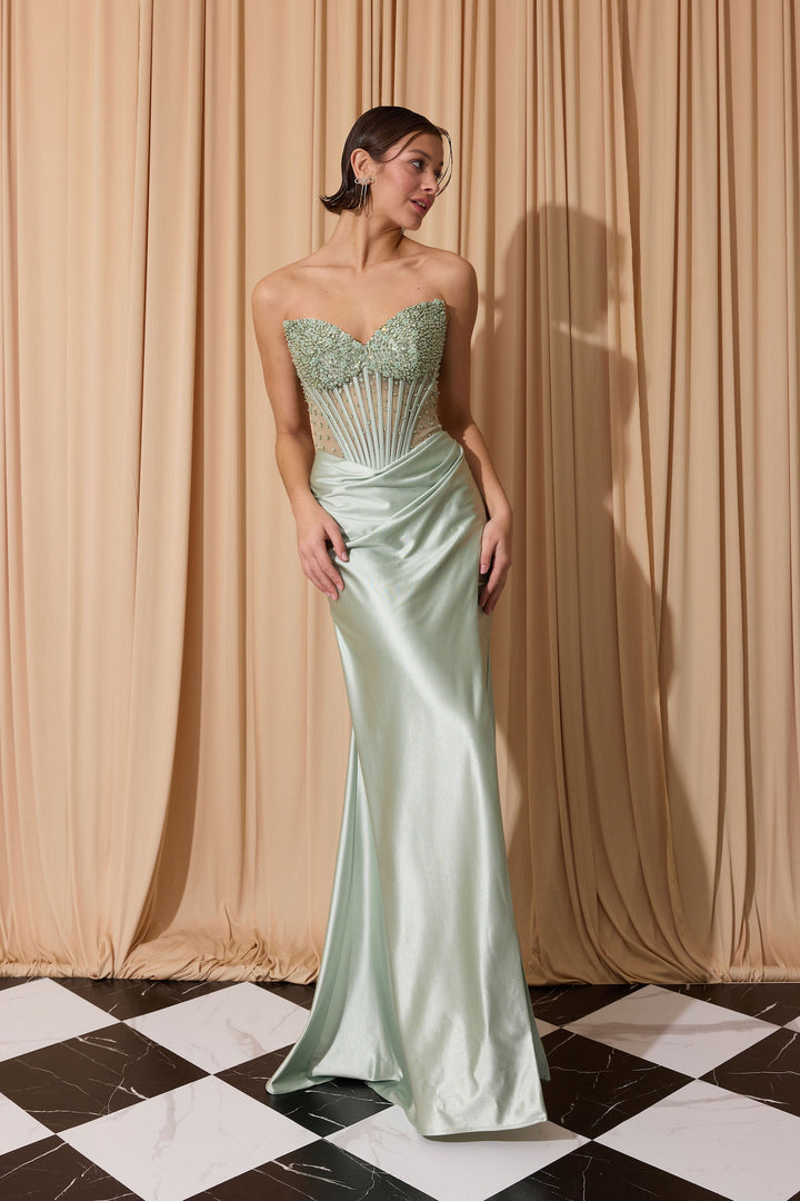 Beaded Satin Strapless Slit Gown by Eureka EK183