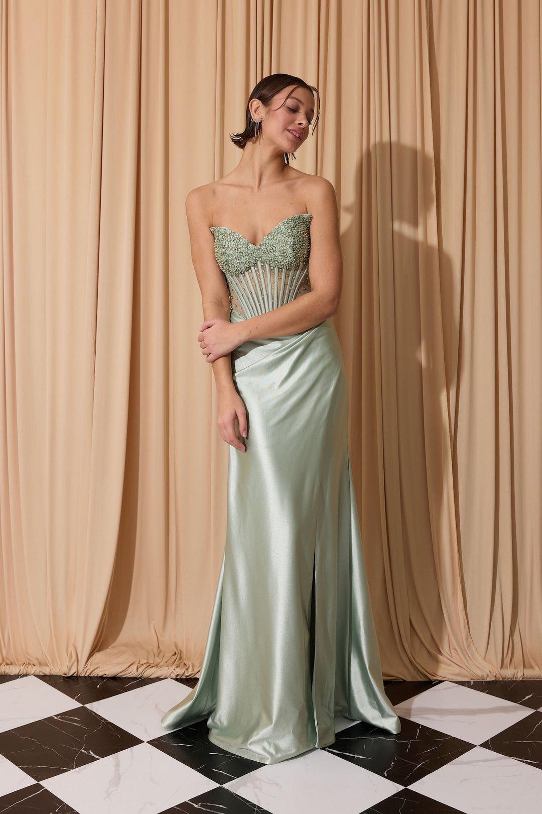 Beaded Satin Strapless Slit Gown by Eureka EK183
