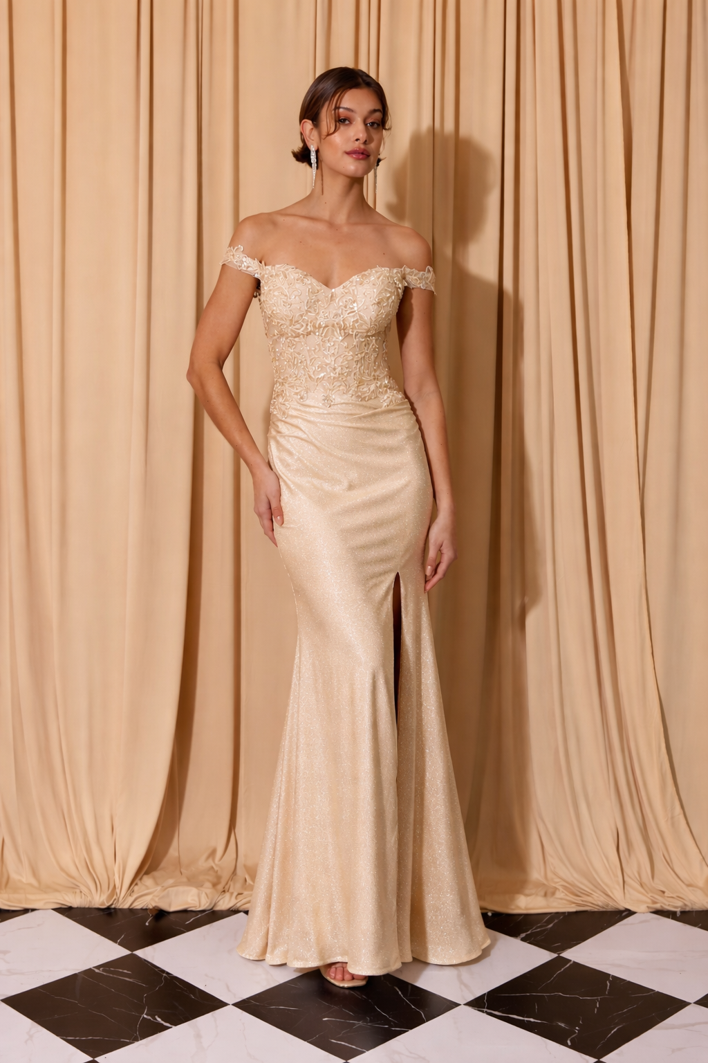 Applique Off Shoulder Slit Gown by Eureka EK173