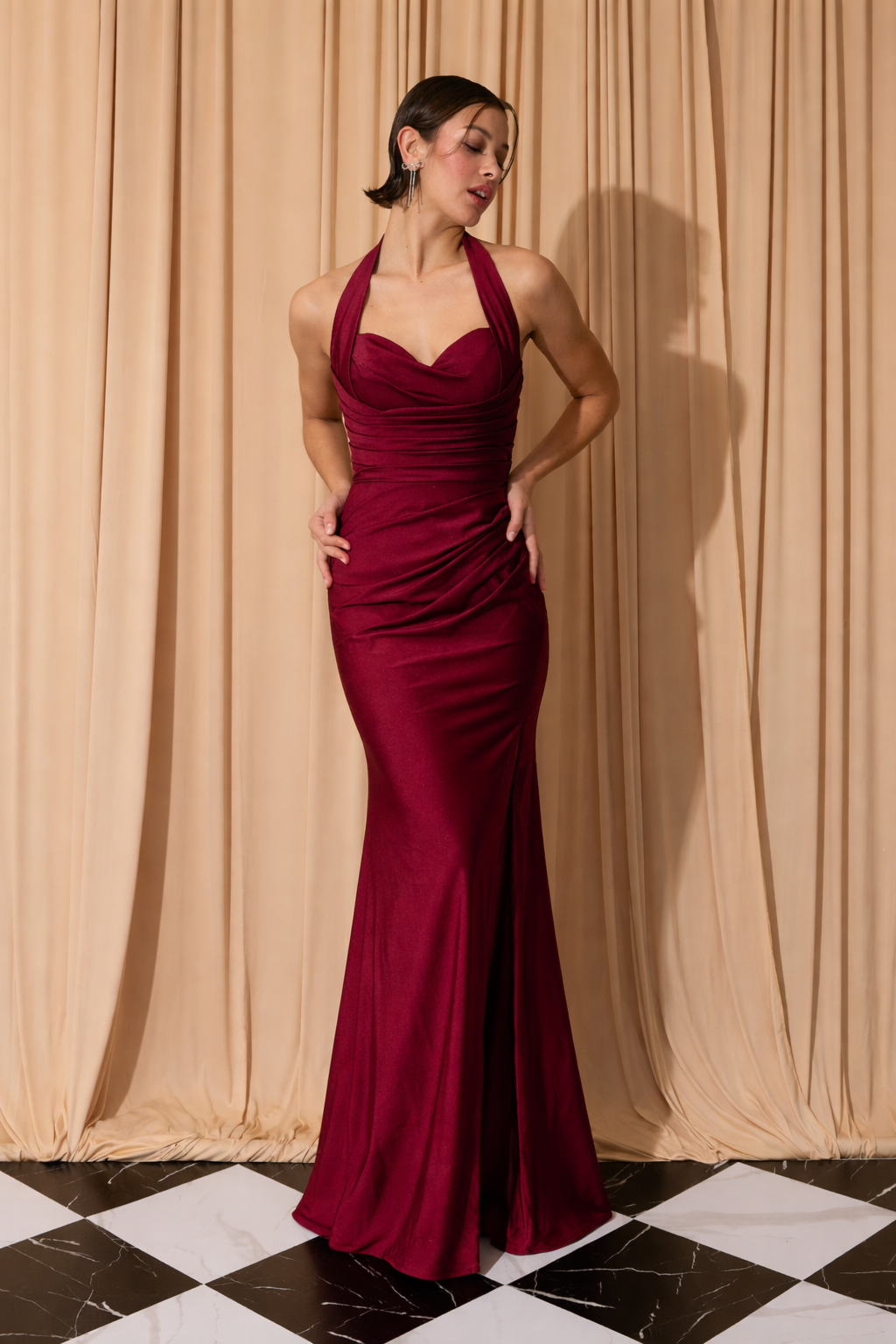 Satin Jersey Fitted Halter Slit Gown by Eureka EK191