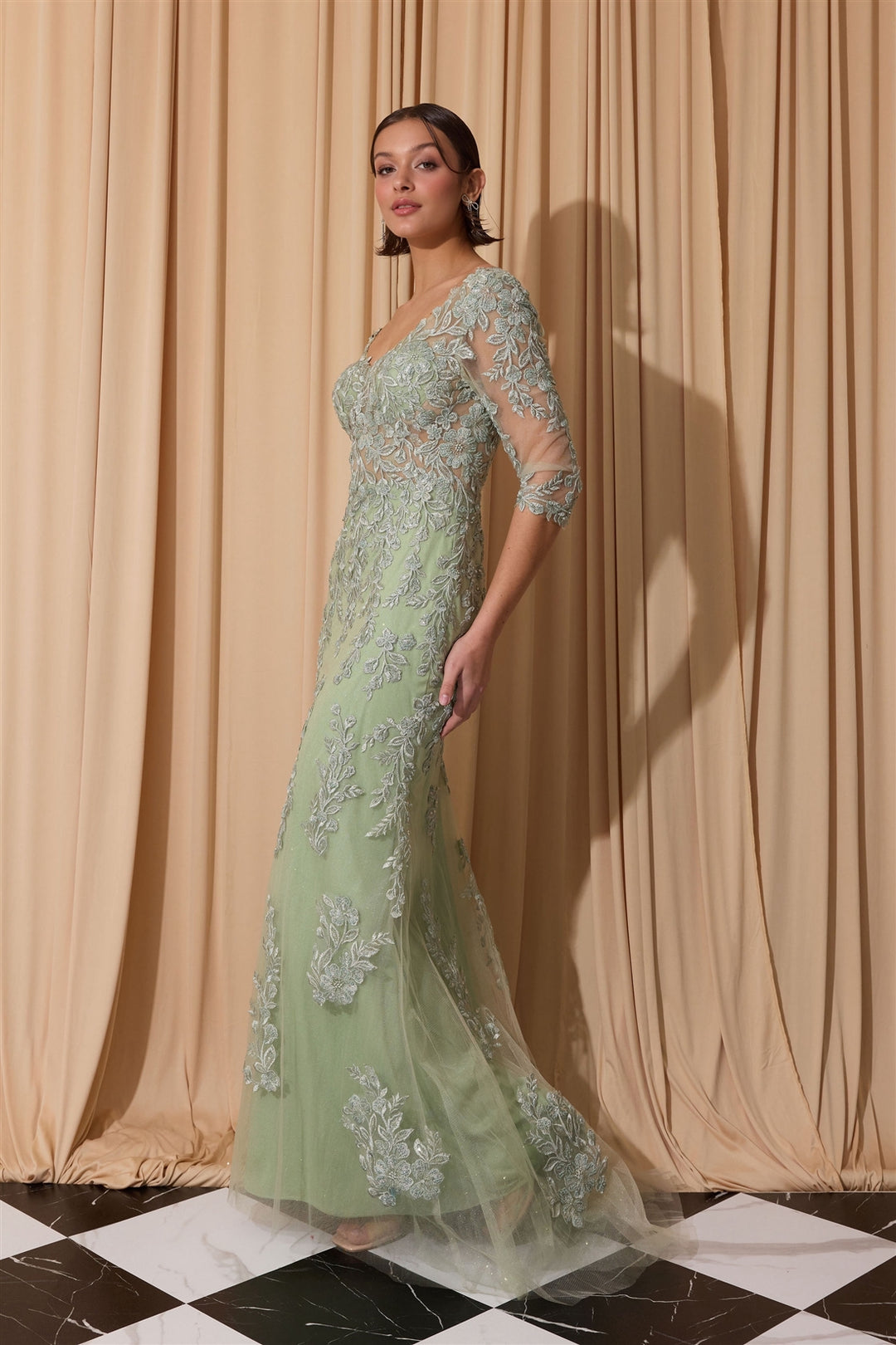 Applique Fitted Mid-Sleeve Gown by Eureka EK209
