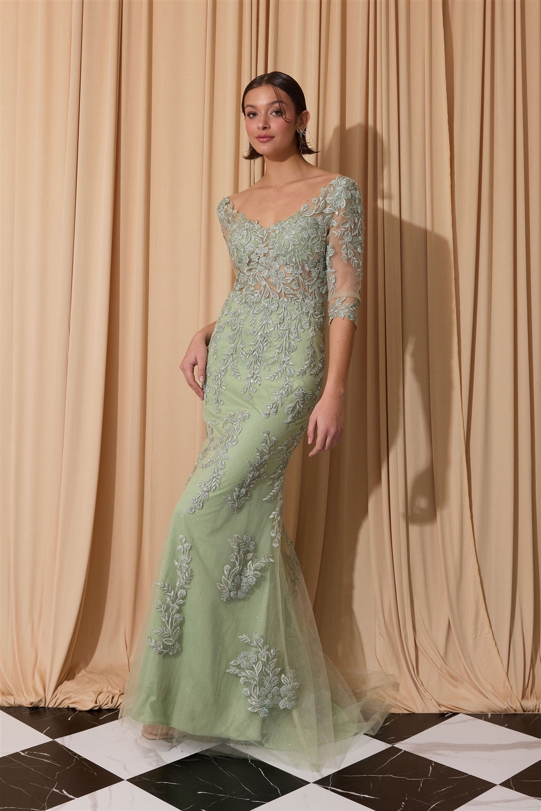Applique Fitted Mid-Sleeve Gown by Eureka EK209