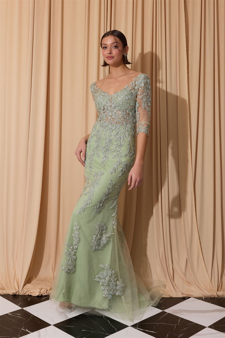 Applique Fitted Mid-Sleeve Gown by Eureka EK209
