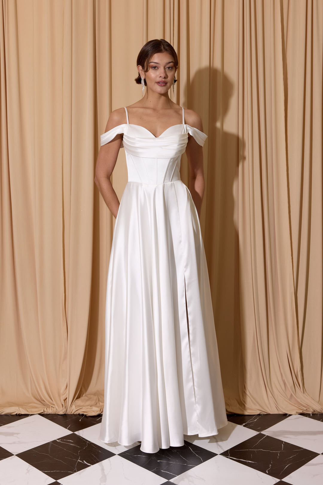 Satin Cold Shoulder Slit Gown by Eureka EK176