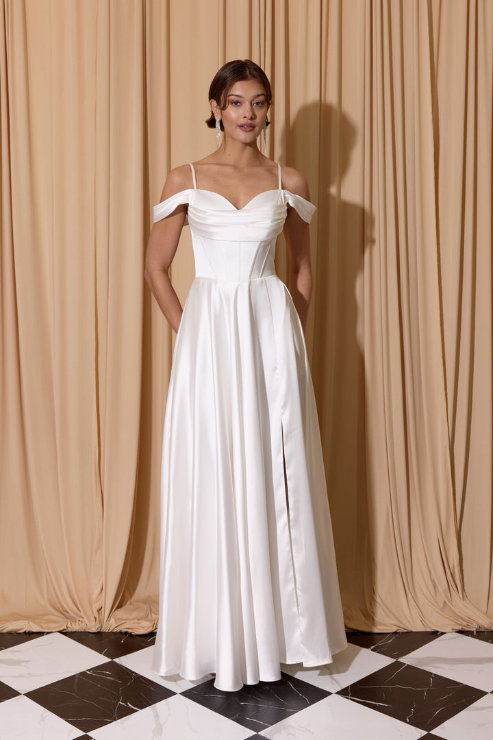 Satin Cold Shoulder Slit Gown by Eureka EK176