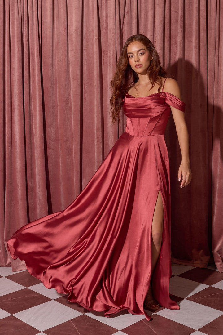 Satin Cold Shoulder Slit Gown by Eureka EK176