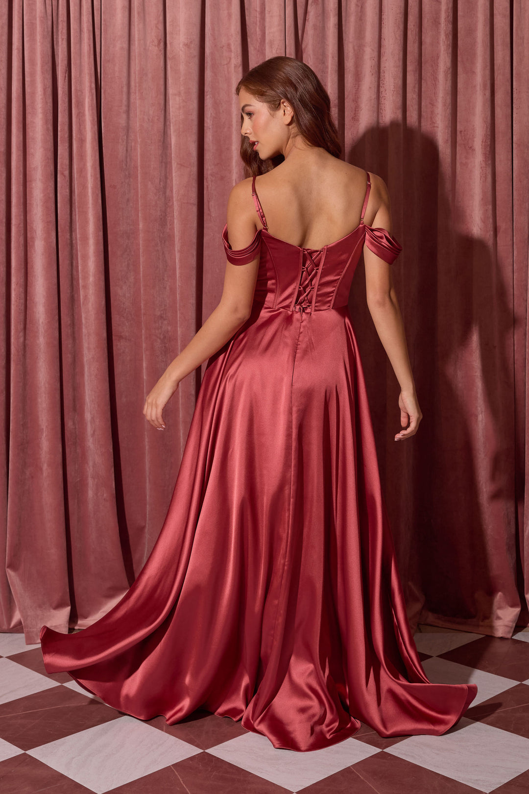 Satin Cold Shoulder Slit Gown by Eureka EK176