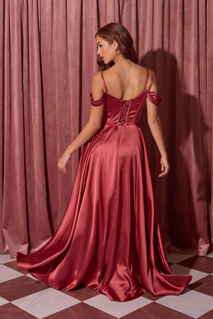 Satin Cold Shoulder Slit Gown by Eureka EK176