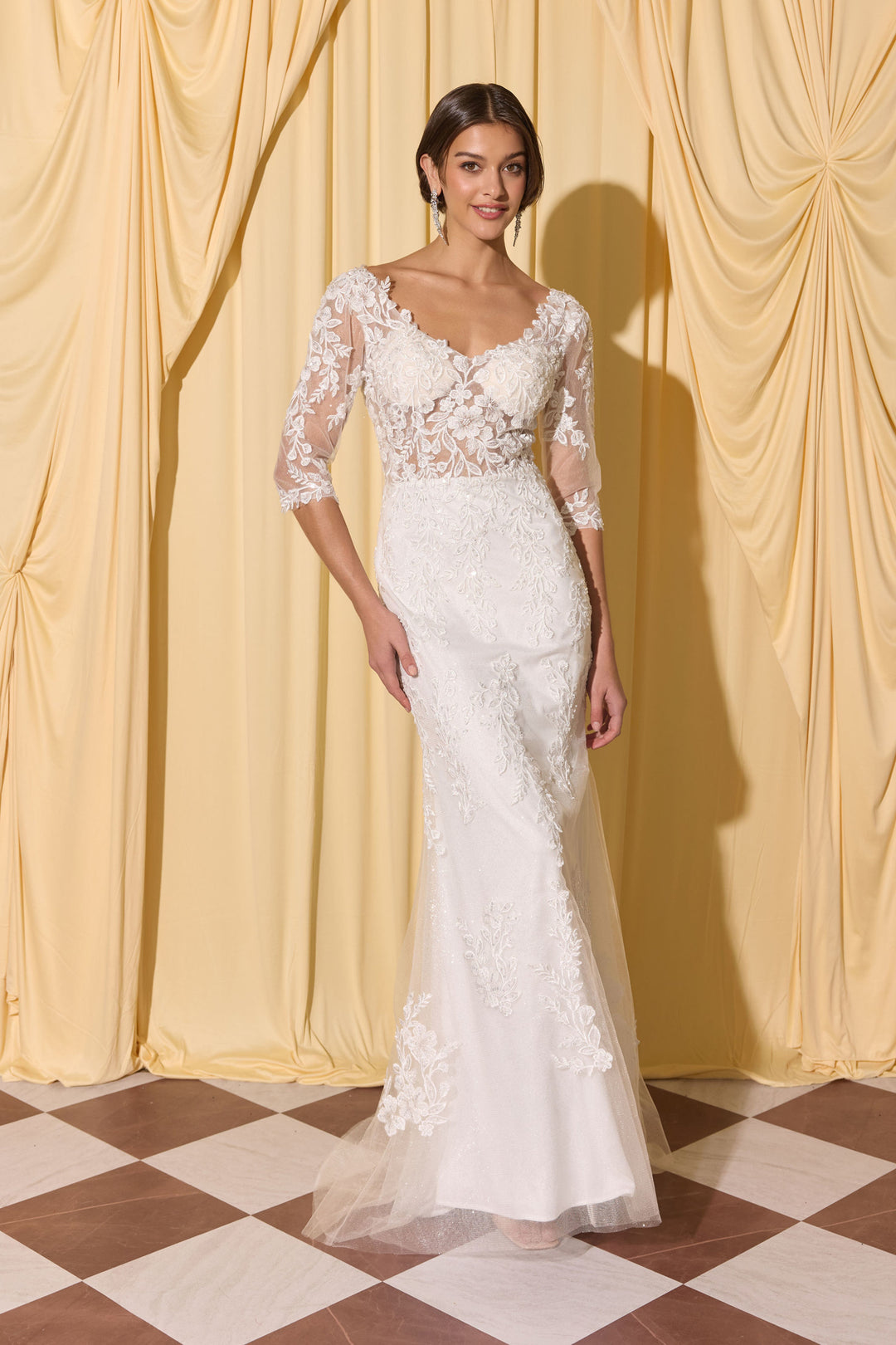 Applique Fitted Mid-Sleeve Gown by Eureka EK209