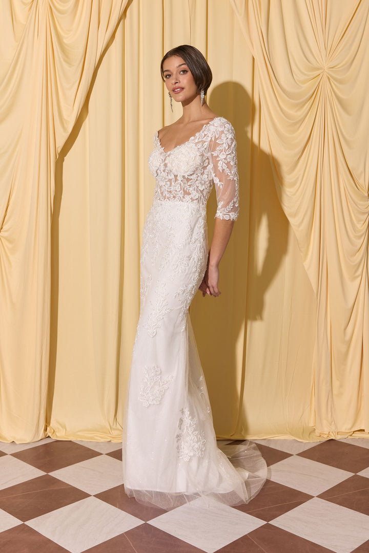 Applique Fitted Mid-Sleeve Gown by Eureka EK209