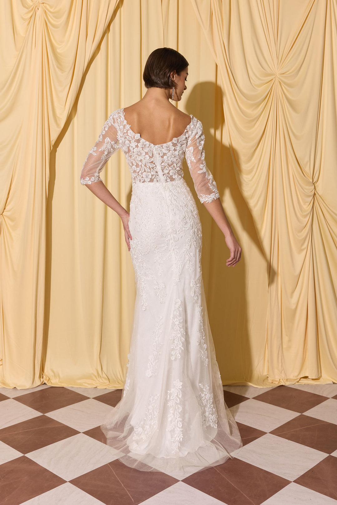 Applique Fitted Mid-Sleeve Gown by Eureka EK209