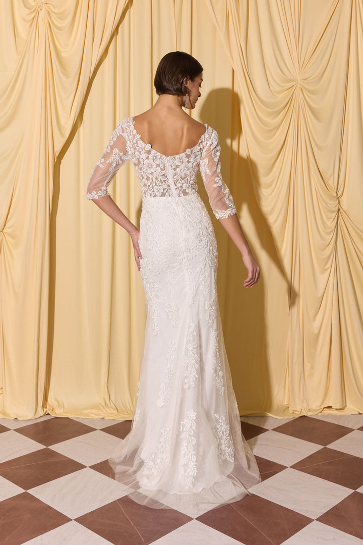 Applique Fitted Mid-Sleeve Gown by Eureka EK209