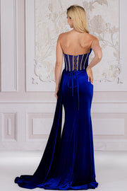Beaded Strapless Velvet Slit Gown by Amelia Couture 5051 - Outlet