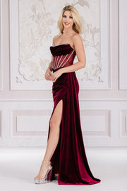 Beaded Strapless Velvet Slit Gown by Amelia Couture 5051 - Outlet