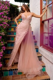 Applique V-Neck Overskirt Gown by Amelia Couture TM1016
