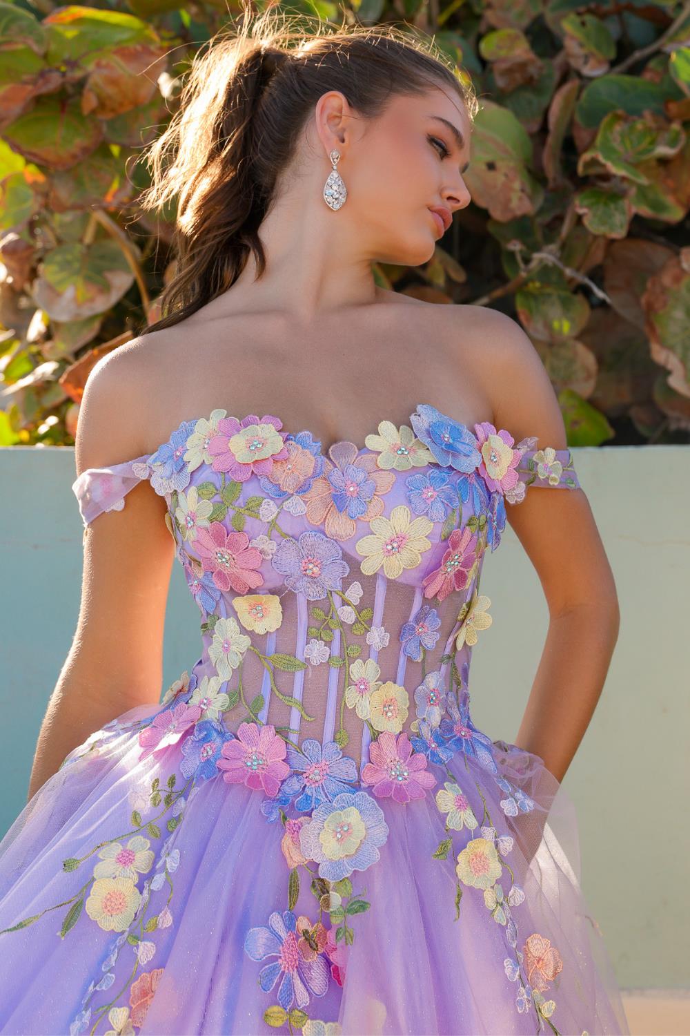 Floral Applique Off Shoulder Gown by Amelia Couture 6124