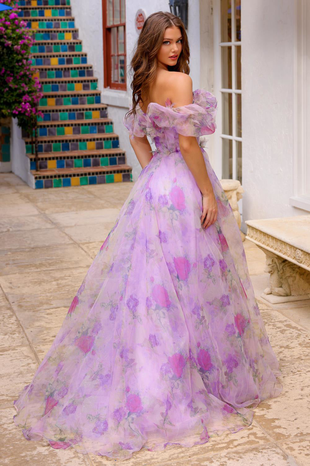 Floral Print Off Shoulder Gown by Amelia Couture AG0103