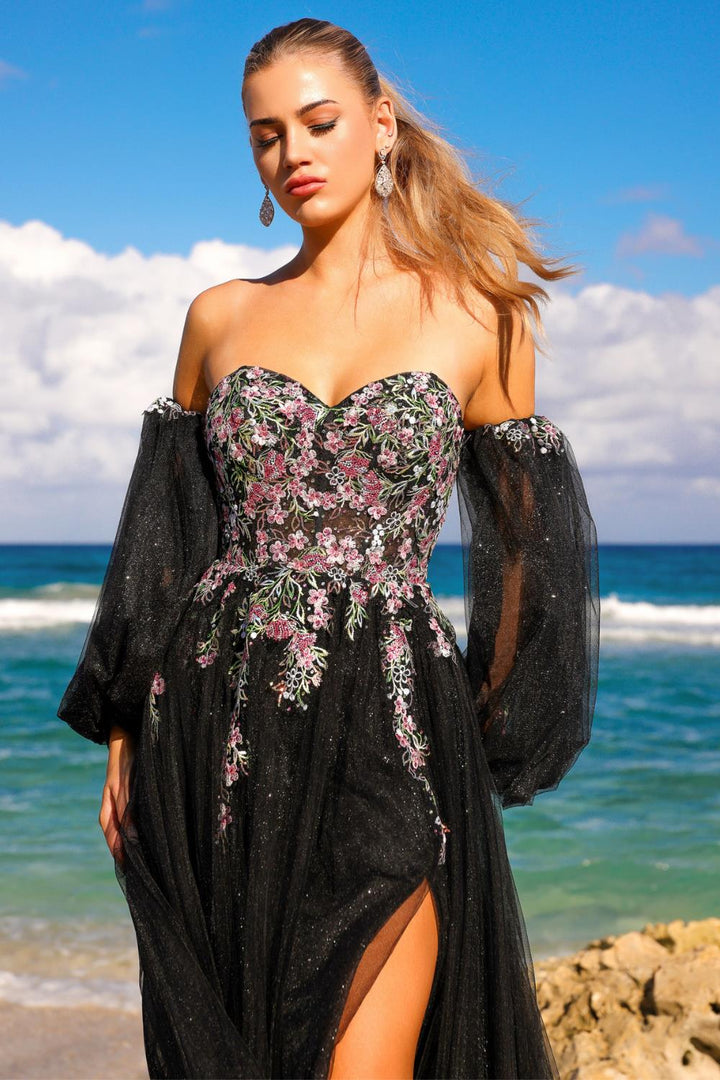 Floral Embroidered A-line Slit Gown by Amelia Couture SU070