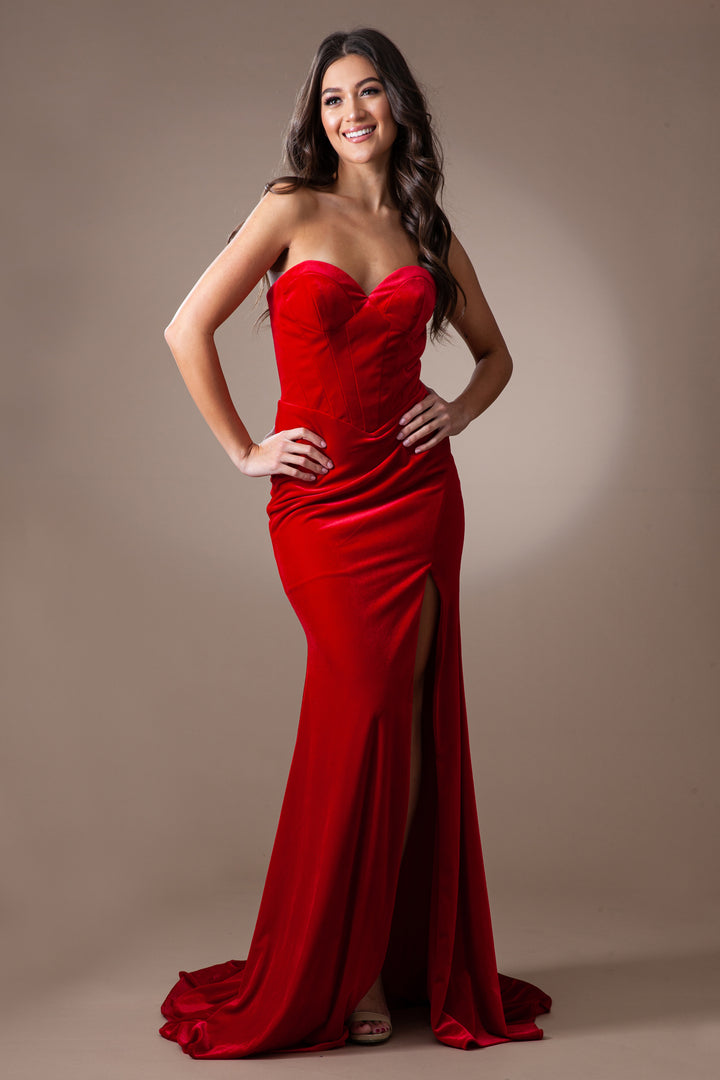 Velvet Fitted Strapless Slit Gown by Amelia Couture BZ9029V